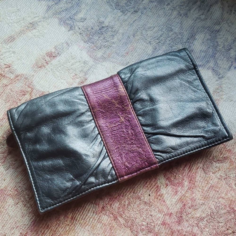 Goldenbleu gray and purple crackle leather bifold clutch